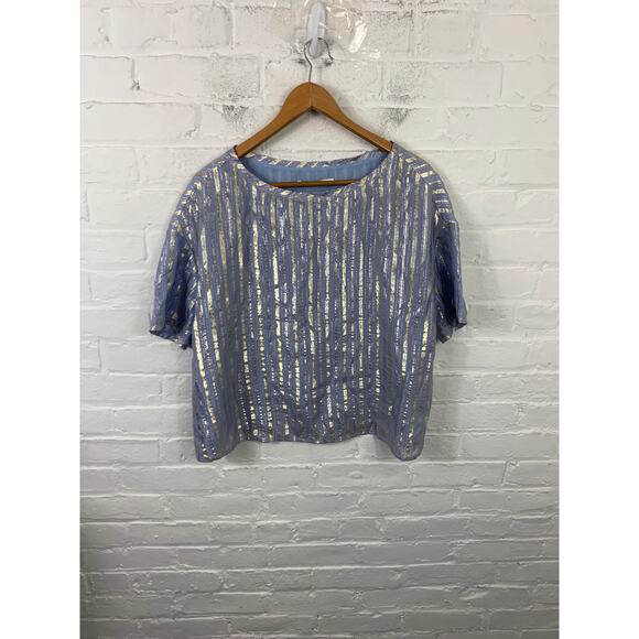 Uterque Women's Striped Boatneck Blouse Top Short Sleeve Blue Size Medium - Picture 1 of 6